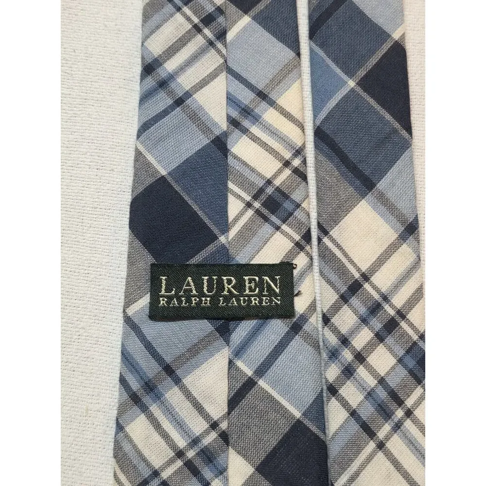 Lauren Ralph Lauren Men’s Tie One Size Blue Gray White Plaid 100% Cotton